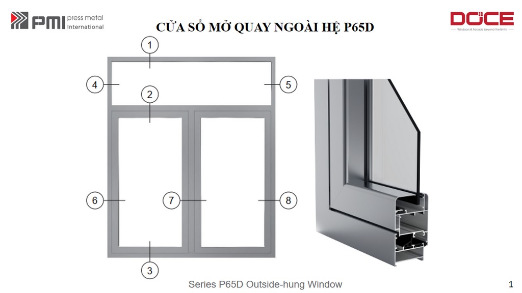 P65D PMI HỆ CAO CẤP CỬA SỔ MỞ QUAY, MỞ LẬT 9 PMI CUA SO HE P65D 1